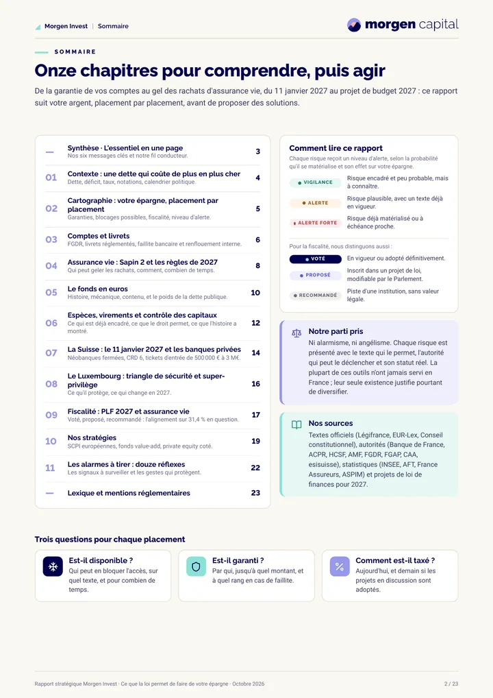 Page du rapport : Le sommaire : onze chapitres, trois questions