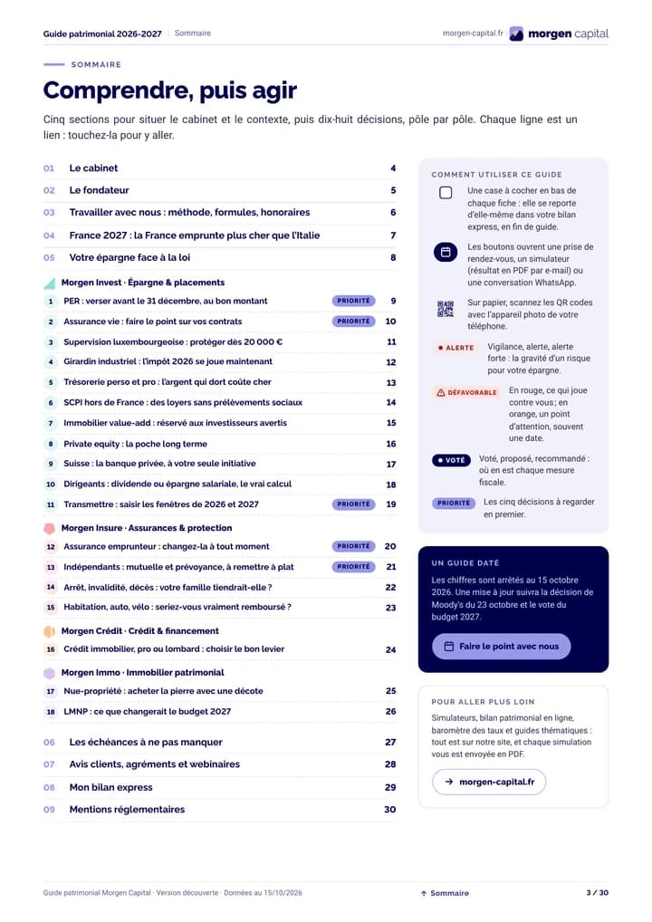 Page du guide : Le sommaire : cinq sections, dix-huit décisions