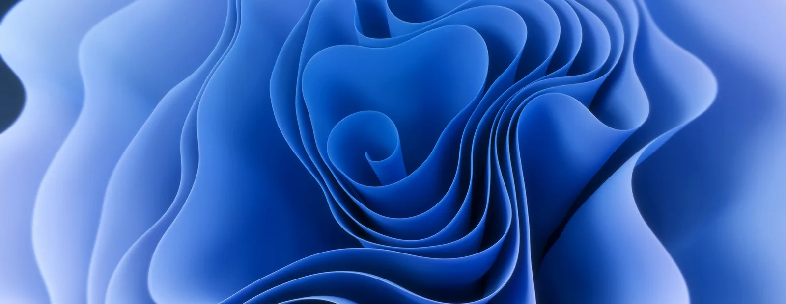 Feuilles bleues ondulées superposées en couches concentriques, formant une spirale abstraite aux reflets pervenche