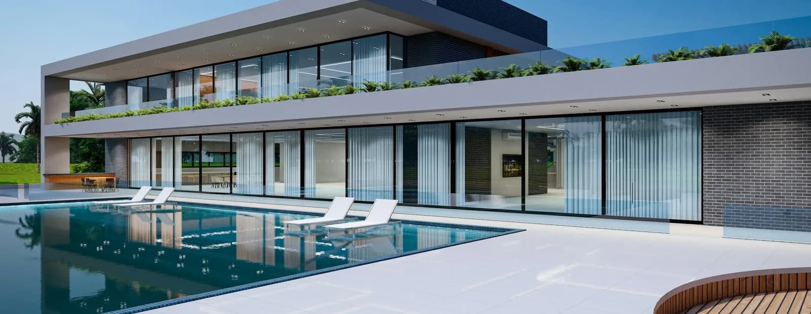 Villa contemporaine sur deux niveaux à larges baies vitrées, avec une piscine et une terrasse claire sous un ciel bleu