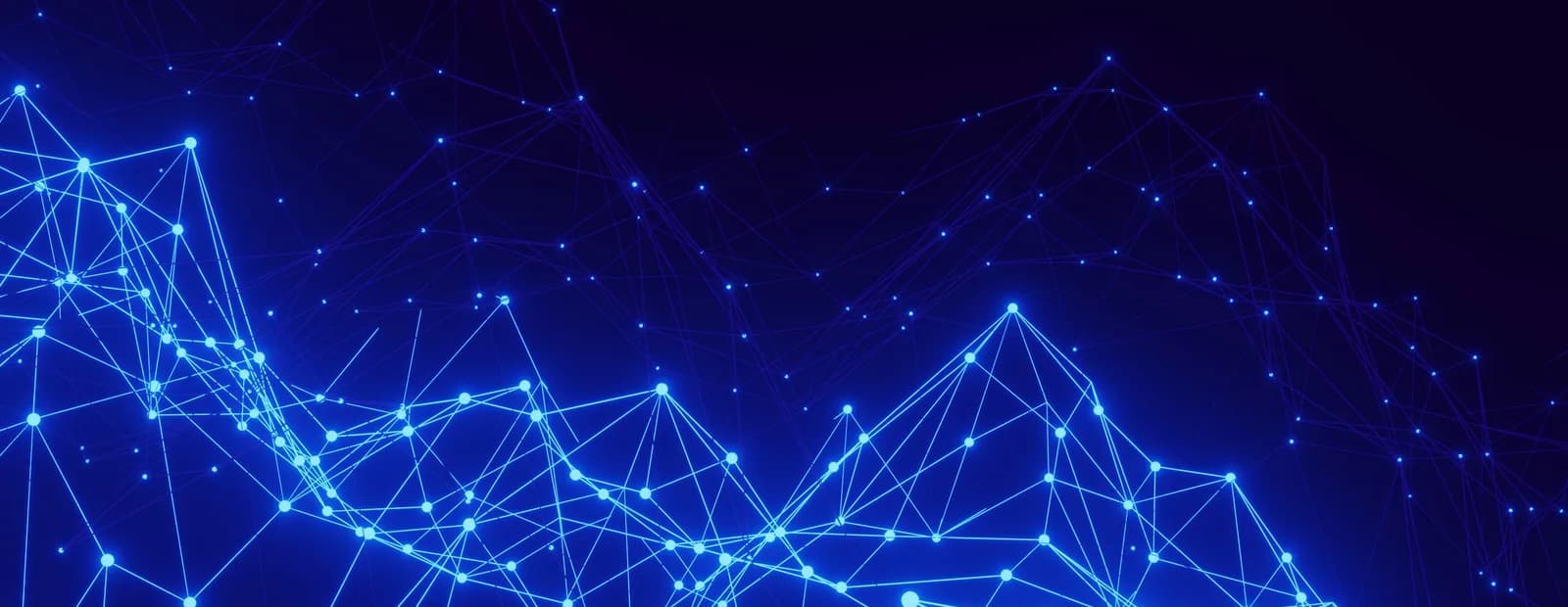Maillage de points lumineux bleus reliés par des lignes fines, formant un réseau sur un fond bleu nuit